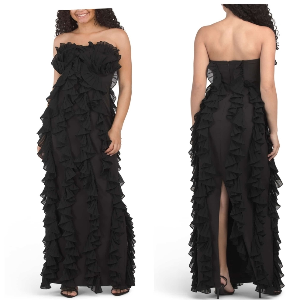 One33 Social Strapless Ruffle Elegant Black Evening Gown